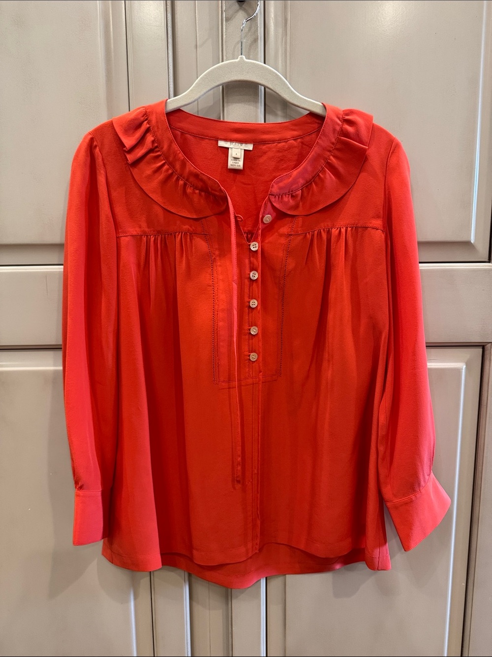 J. Crew 100% Silk Coral Ruffled Yoke Button-Front Blouse